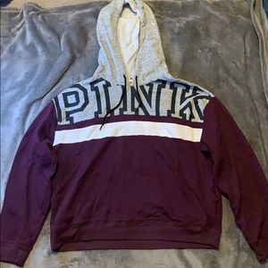 Maroon/grey hoodie with white stripe